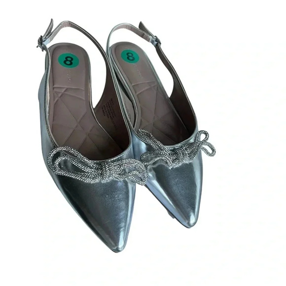 BCBGeneration Women's Kristin Silver Slingbacks Rhinestone Bow Flats Shoes 8 NEW - Picture 1 of 7